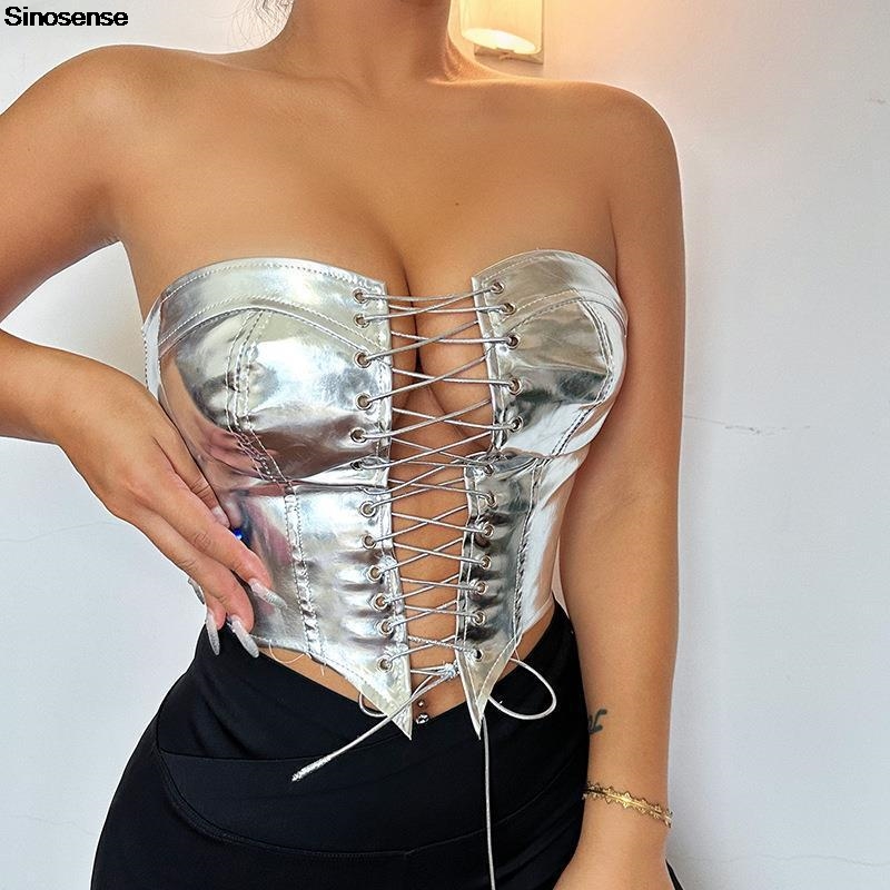 Strapless Bra Backless - Atasan Crop Tube kulit PU wanita,