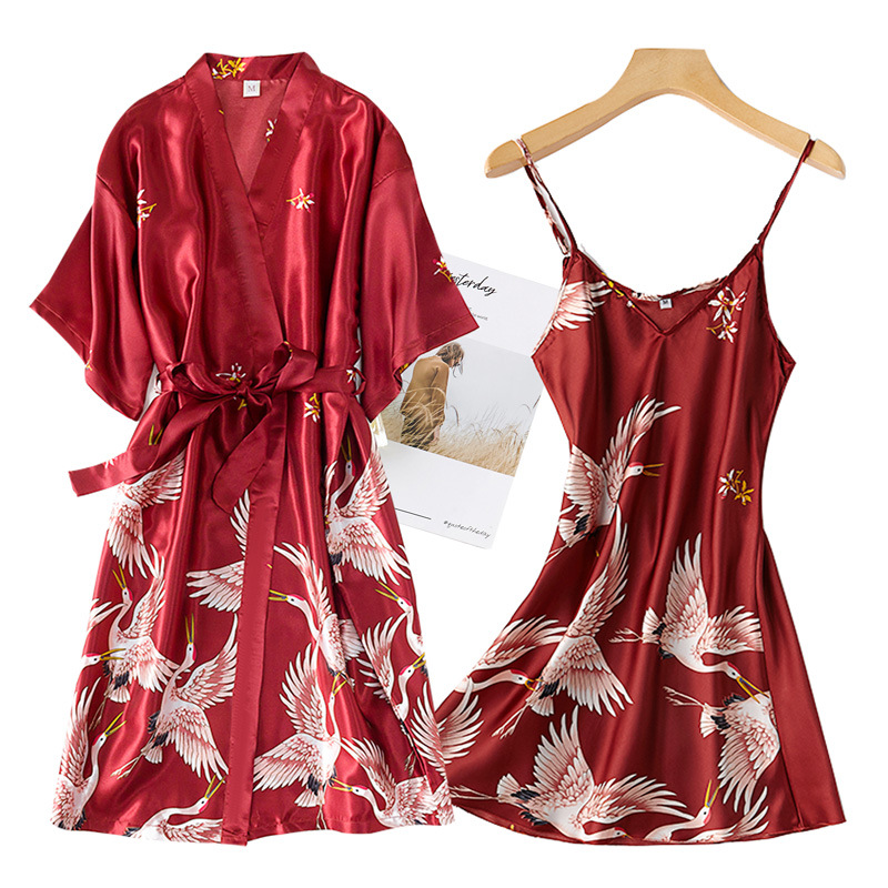 Merah Marun Wanita 2PCS Faux S - Robe Silk Women ulasan dan harga